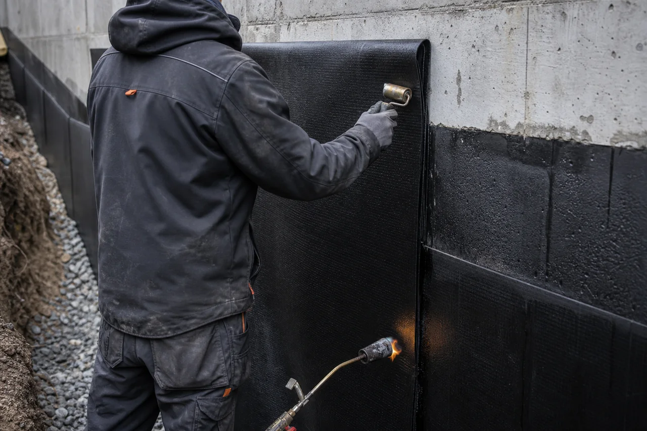 Hitsattavan kumibitumikermin asennus perustuksen betonipinnalle