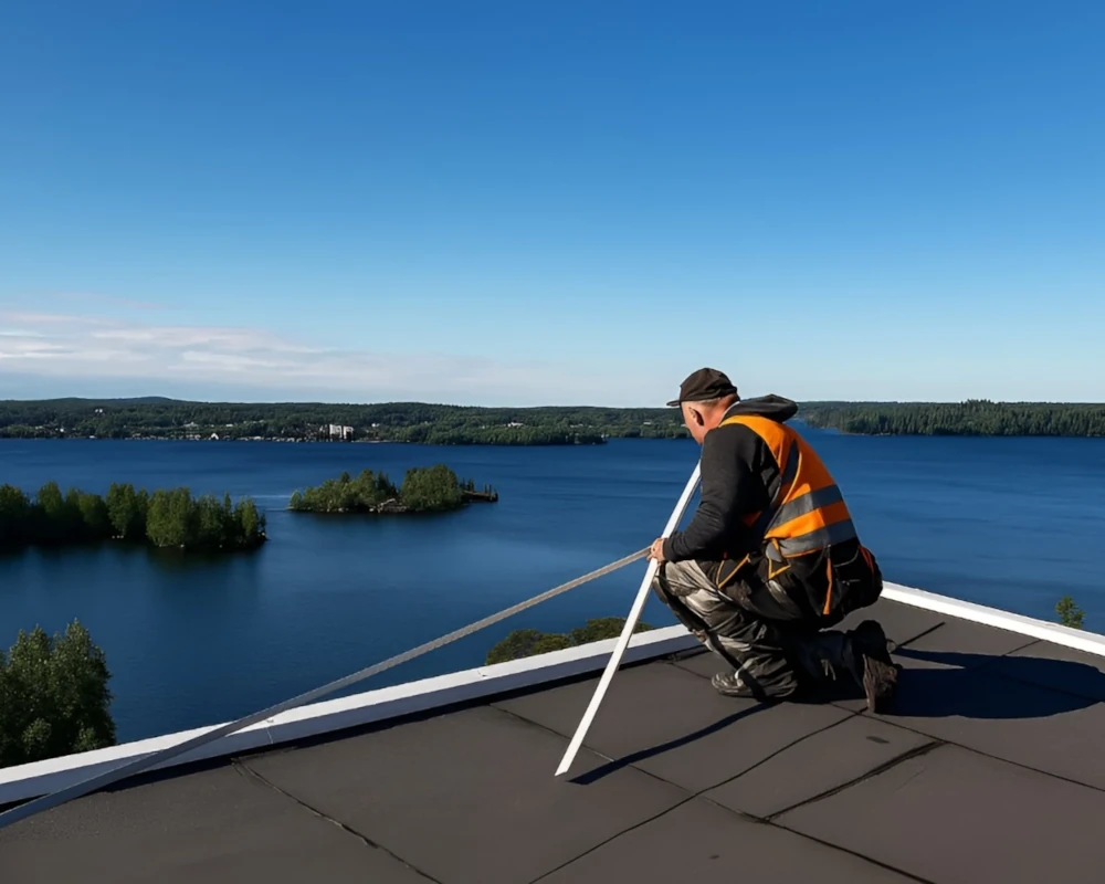 Työmies katolla asennustyössä